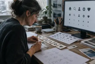 Interface designer comparing monochrome icon prototypes on paper and screen in a softly lit studio.